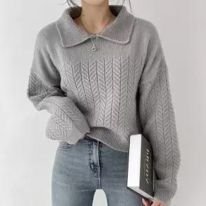 헤링본 패턴 카라 크롭 니트 티셔츠 가을 겨울 긴팔 스웨터 카라넥 데일리 캐주얼 니트티 빗살무늬 케이블
