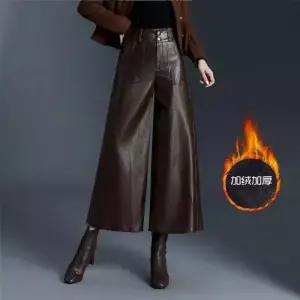 팬츠 캐주얼 기모 도톰 A라인 와이드 가죽 하이웨스트 슬림핏 여자9부바지 9부 ible1