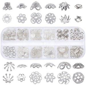 써니클루 1박스 240Pcs 12가지 스타일 플라워 스페이서 비즈 캡 실버 혼합 티베트 주얼리 결과물 DIY 귀걸