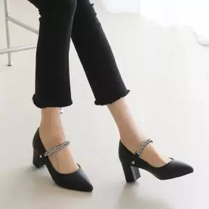 편한구두 발등 큐빅 꼬임 체인 스트랩 미들 통굽 펌프스