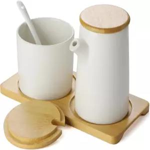 세라믹 설탕 및 크리머 세트 8온스 크림 병 가정용 주방 커피 바용 나무 트레이가 있는