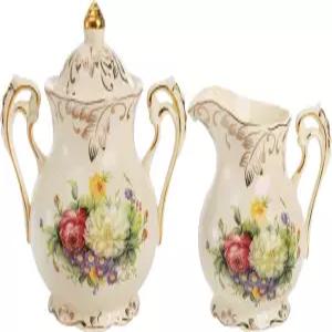 포레인암 슈가 앤 크리머 세트 도자기 보리 커피 서빙 꽃이 피는 관목 패턴 황금 잎 가장자리 크림 피처 및