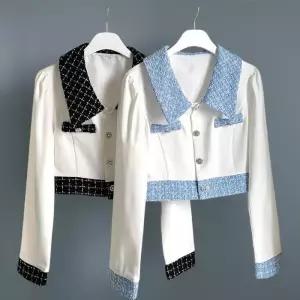 [신상오픈런]여자 가을하객룩 트위드 배색 카라 크롭 큐빅버튼 자켓 (40723912)