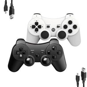 PS3 충전식 게임용 MOVONE 무선 컨트롤러 2팩, 충전 케이블 2개 포함, Playstation3(블랙+화이트)와 호환