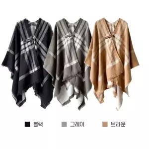 심플 버클스타일 숄 판초 망토 가디건 여성 체크 케이 Mme7+8fyv