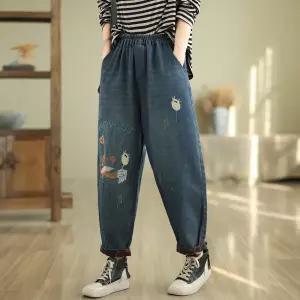 여성청바지 가을 허리밴딩 토끼 자수 데님 팬츠 루즈핏 배기 청바지 심쿵직구