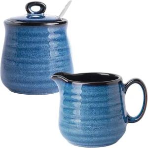 하센스 슈가 앤 크리머 세트 뚜껑과 숟가락이 포함된 11온스 볼 3개 10온스 피처 세라믹 밀크 및 커피 바용