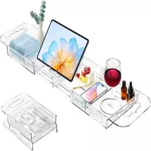 욕조용 확장 가능한 배수 욕조 캐디 트레이 YOCOMEY 다기능 아크릴 욕실 정리함 캔들 타월북 와인 휴대폰