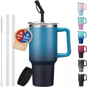 빨대와 스파우트 뚜껑이 있는 ICIOI 단열 텀블러 - 손잡이가 40온스 물병 방진 커버 보호 부츠 방수