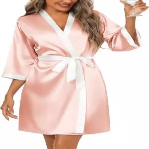 에쿠아르 여성 새틴 로브 실크 기모노 목욕 가운 3/4 소매 신부 들러리 부드러운 슬립웨어 S-XXL