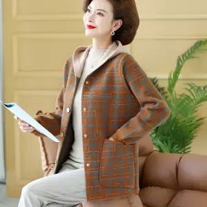 여성자켓 엄마룩 가을 루즈핏 빅사이즈 후드 중장년 니트 체크 코트 심쿵직구