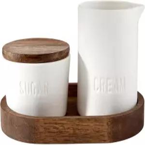 산타 바바라 디자인 스튜디오 세라믹 슈가 및 크리머 세트 뚜껑 크림 피처 트레이 3피스 화이트/아카시아