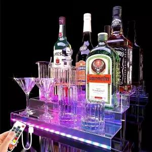 LED 조명 주류병 아크릴 디스플레이 RF 리모컨이 있는 3단 15.7인치 주류 선반 홈 바용 액세서리