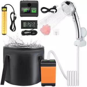 피리너 휴대용 캠핑 샤워기 히터가 장착된 7800mAh 충전식 야외 샤워 키트 인텔리전트 LED 디스플레이 IPX8