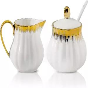 세라믹 슈가 앤 크리머 세트 골드 트림의 화이트 볼 크림 피처 10온스 3피스 뚜껑과 숟가락이 있는 11온스