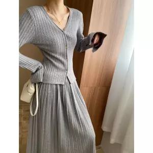 여성치마 봄 모던 하이즈 페이퍼맨 니트 가디건 플리츠 스커트 투피스 심쿵해외구매