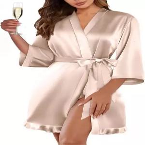 에쿠아르 여성 새틴 로브 실크 기모노 목욕 짧은 주름 밑단 신부 들러리 슬립웨어 주머니 포함