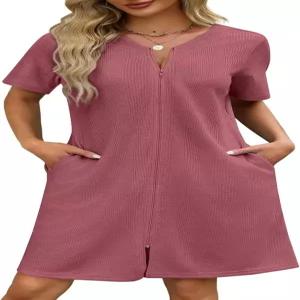 Ekouaer 여성 지퍼 로브 와플 숏 목욕 가운 가벼운 집 코트 포켓 소프트 잠옷 S-3XL