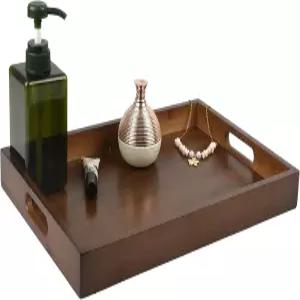 손잡이가 달린 대나무 나무 서빙 트레이(14.96x10.24x1.57인치) - 침대 점심 저녁 식사 애피타이저 바비큐