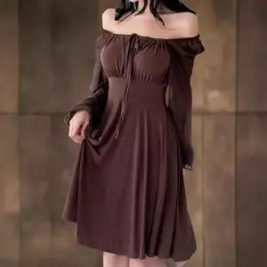 [신상오픈런]여성 쉬폰 소매 오프숄더 프레어 미디 긴팔 드레스 (40854963)