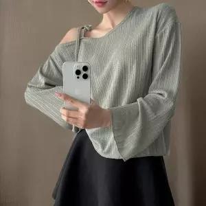 [신상오픈런]원숄더 리본 발레코어 골지 얇은긴팔 여리 노랑 봄니트 (31618217)