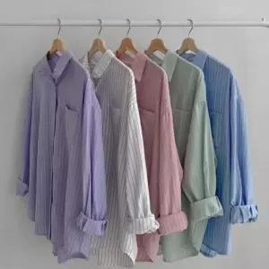 [신상오픈런]긴팔봄남방 스트라이프 카라넥 여성 파스텔셔츠 루즈핏 (31606287)