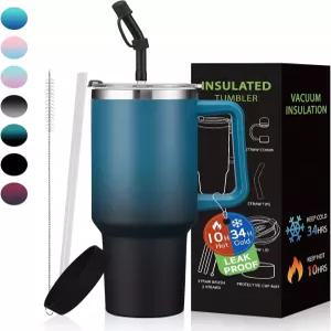 손잡이와 빨대 뚜껑이 있는 벤조 40온스 텀블러 보온병 스테인리스 스틸 커피 컵용 여행용 머그잔