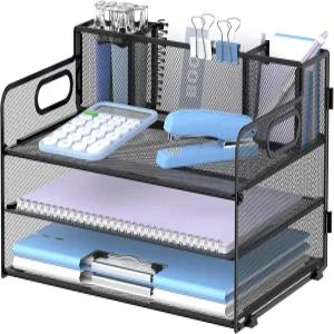 손잡이와 펜 홀더 3개가 있는 SUPEASY 3단 책상 정리함 책상용 메쉬 종이/파일 사무용품용 종이 트레이