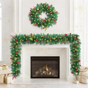 모드 50개 실외 LED 실내 무성한 조명 6피트 맨틀 베리가 크리스마스 있는 화환 장식 배터리 작동 8가지 가지가 솔방울 조명이 레드 벽난로