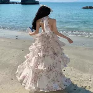 원피스 롱스커트 여자원피스 바캉스룩 이슬 프렌치 케이크 장미원 쉬폰 아침 브이넥 프린트 홀터넥 원템1