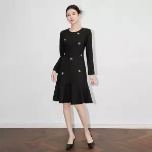 여성원피스 봄가을 고급 핸드메이드 큐빅 원피스 플레어 긴팔 드레스 심쿵돌직구