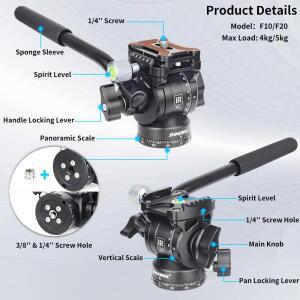 카메라 테이블탑 미니 삼각대F10/F20 미니 삼각대 유체 헤드, 파노라마 비디오 DSLR Arca 퀵릴리즈