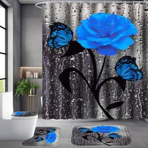 포에디스트 욕실 세트 4개 뚜껑 플로럴 커튼 및 12개의 변기 로즈 목욕 러그가 후크 U자형 블루 샤워 매트 커버
