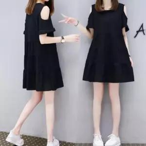 귀여운 여자 외출 스타일 오픈 숄더 블랙 원피스 하객 카라 레이시 니트 롱원피스 브이넥