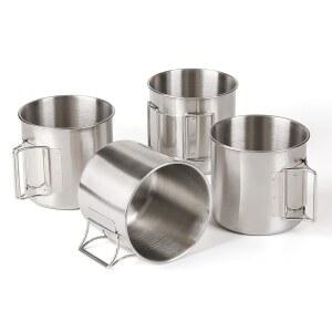 피크닉, 하이킹, 배낭여행, 낚시를 위한 접이식 손잡이가 있는 HIKARU 스테인리스 스틸 캠핑 머그잔 야외 컵, 1세트 4팩 22.3온스