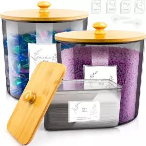 뚜껑 라벨 및 스쿱이 포함된 플라스틱 세탁 분말 용기 건조 시트 홀더 3팩 - 포드 구슬 비누 향 부스터용