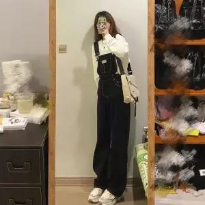 피콜로 여자 데일리룩 바지 점프슈트 블랙 데님 멜빵 봄가을 하이웨스트 슬림핏 일자 와이드 슬리퍼 KUK3