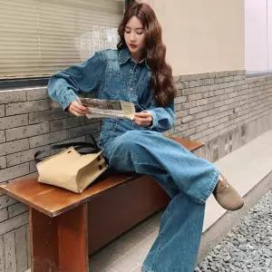 피콜로 여자 데일리룩 바지 점프슈트 가을 긴팔 칼라 슬림핏 롱 데님 긴 KUK3