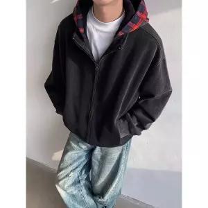 남성 유행각 집업 가디건 빈티지 체크 페이크 후드 카디건 야구복 OOTD1