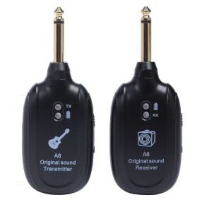 A8 UHF 일렉트릭 기타 무선 시스템 송신기 수신기 세트 낮은 대기 시간 기타베이스 용 충전식 내장