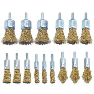 황동 코팅 와이어 엔드 브러시 세트 녹 제거 페인트 디버링 청소용 드릴용 6mm 생크(15팩)