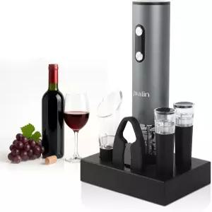 즈왈린 충전식 전기 와인 오프너 선물 세트 - 포일 커터 에어레이터 파우치 진공 스토퍼 2개 및 베이스