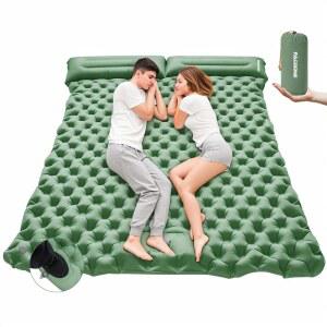 PACOONE 캠핑 더블 팽창 펌프가 2인용 텐트 패드 풋 베개 내장 매트 하이킹 휴대용 녹색 셀프 초경량 슬리핑 배낭여행 용 에어 여행
