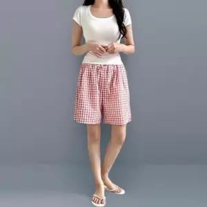 [신상오픈런]여성용 체크 패턴 면혼합 반바지 잠옷 4부 밴딩 팬츠 (39393663)