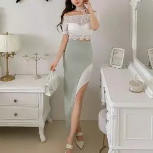 [신상오픈런]레이스 크롭반팔 컷아웃 배꼽티 시스루 사선 미니원피스 (31982606)