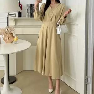 [신상오픈런]허리벨트 와이넥 브이 셔링긴팔 에이라인 찰랑원피스 (31613008)