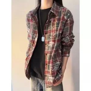 슬램덩크 빈티지 남사친 체크 칼라 셔츠 레터링 프린트 보카시 커플 HO1