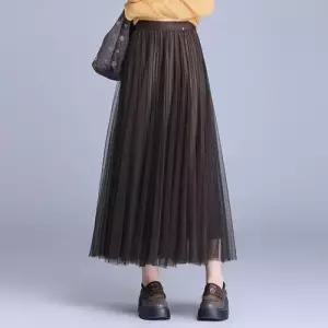 EAMT 스커트 여성 롱 망사 가을 캐주얼 양면 통근사 A라인 플리츠 YJ3