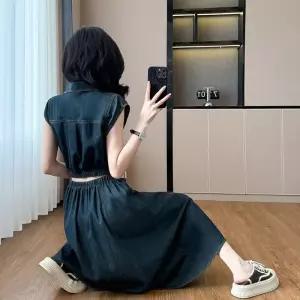 EAMT 여성용 치마 원피스 롱 데님 노출 프렌치 슬림핏 허리 A라인 민소매 YJ1