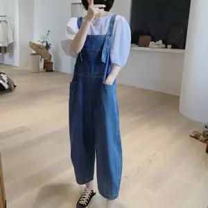 팔콘 여사친 여성용 팬츠 청 점프슈트 멜빵 루즈핏 하이웨스트 와이드팬츠 카고 9부 KKE1